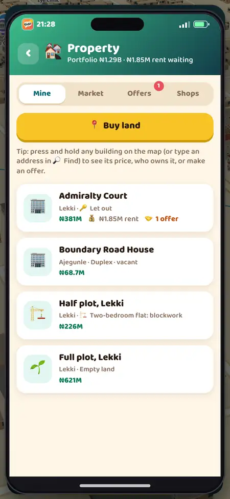 The property screen showing a building for sale on the Lagos map